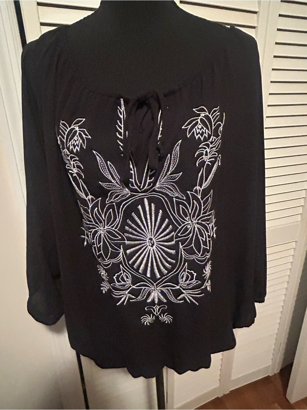 Lane Bryant Black Peasant Tunic with White Floral Embroidery